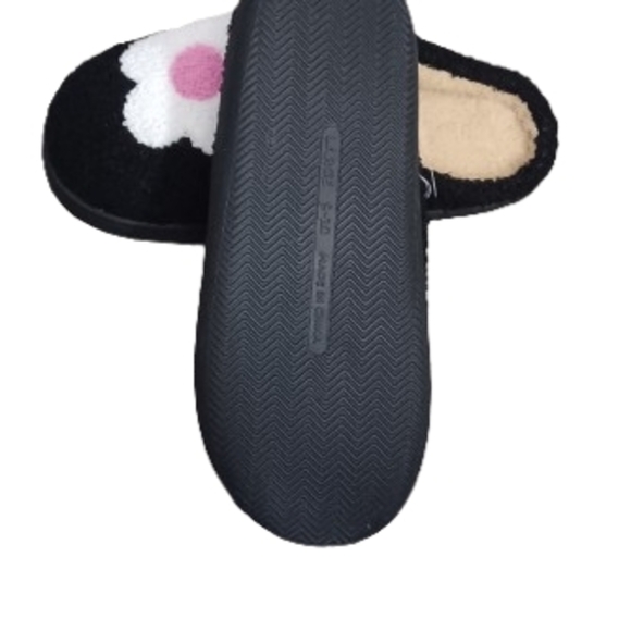 Cozy Non Skid Black Slippers with Floral Design Rubber Bottom - Picture 2 of 3